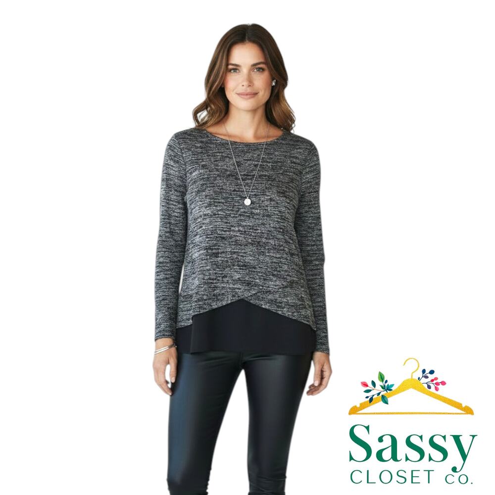 WHBM Heathered Gray Overlay Top XS Long Sleeve Layered Chiffon Hem 570276051